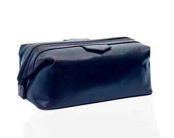 Navy Leather Toiletry Kit, Men's Bathroom Bag, Tavel Kit Gift for Him, Personalized Wash Bag