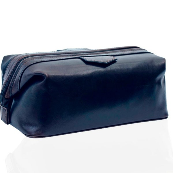 Navy Leather Toiletry Kit, Men's Bathroom Bag, Tavel Kit Gift for Him, Personalized Wash Bag