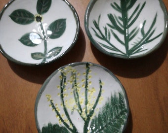 3 ciotole ciotoline  piattini in ceramica decorati fiori botanica mimosa fatto a mano handmade