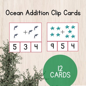 Printable Clip Cards for addition - Ocean Theme.  Montessori style.  Preschool and Toddler learning cards. Homeschool Learning