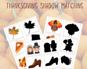 Printable Thanksgiving Matching Shadow Cards.  Montessori style.  Preschool and Toddler learning cards.  Homeschool Learning