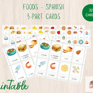 Printable Foods Spanish 3-part cards, nomenclature,  Montessori style,  Homeschool, learning aids, daycare, preschool