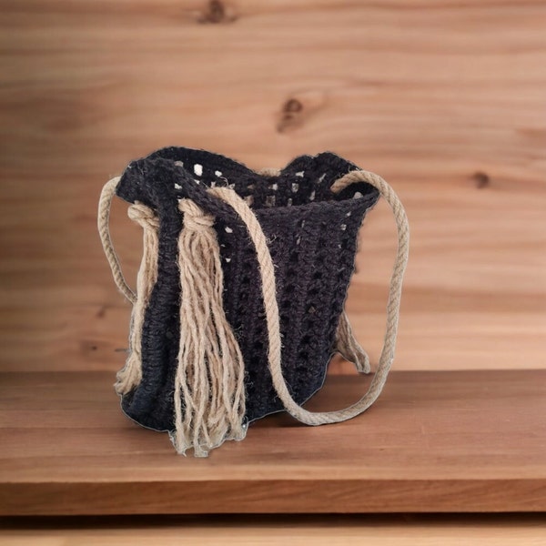 Sac en Ficelle de Jute Noire et Anses en Corde de Chanvre