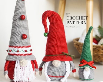 May include: A set of three crochet Christmas gnome patterns. The gnomes are red, green, and gray with white beards and red and green accents. The pattern is titled "SET CROCHET PATTERN Christmas Gnomes".