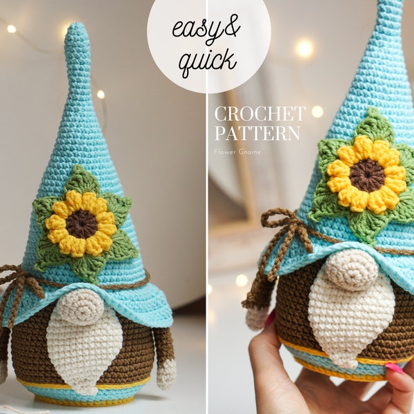 Crochet patterns Flower Gnome, Easter Gnome, Sunflower Gnome, crochet gift gnome