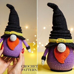 May include: Crochet pattern for a Halloween gnome. The gnome is wearing a purple hat with a black brim and a yellow belt. The gnome has a white beard and an orange nose.