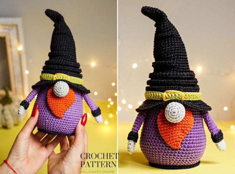 May include: Crochet pattern for a Halloween gnome. The gnome is wearing a purple hat with a black brim and a yellow belt. The gnome has a white beard and an orange nose.