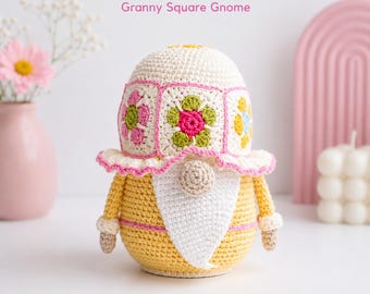 Granny Square Gnome Crochet Pattern PDF – Floral Amigurumi Gnome for Dopamine Decor Lovers & Cottagecore Homes