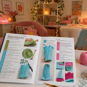 Materials for the flower gnome crochet project including yarn skeins and a crochet hook. Sneak peek of the clear stitch-by-stitch PDF tutorial layout with process photos.