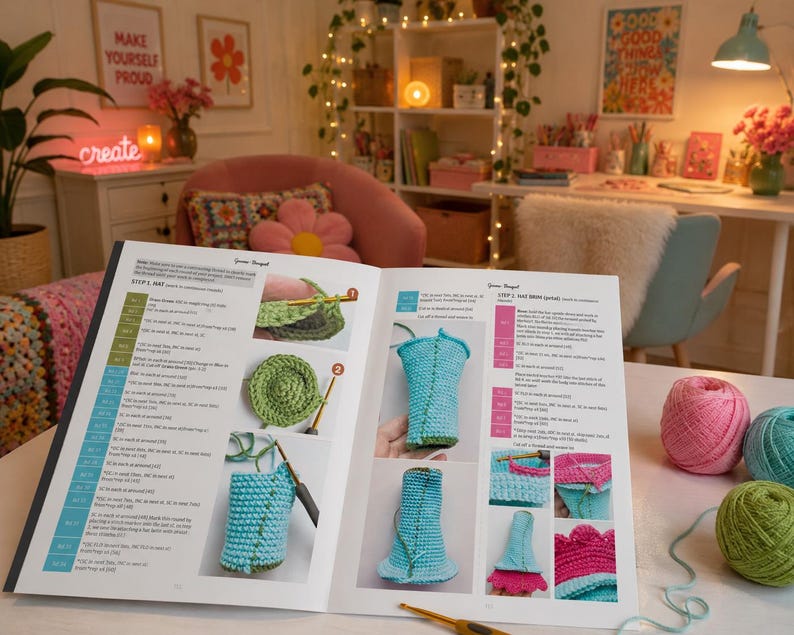 Materials for the flower gnome crochet project including yarn skeins and a crochet hook. Sneak peek of the clear stitch-by-stitch PDF tutorial layout with process photos.