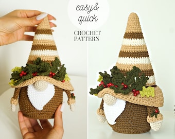 May include: Crocheted gnome ornament with a brown and white striped hat, a green holly wreath, and a white beard. The gnome is standing on a white surface. "Easy & quick crochet pattern" is written above the gnome.