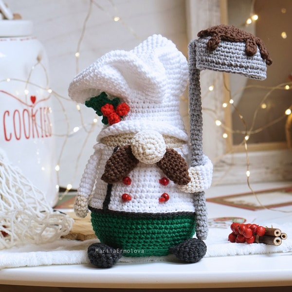 Patrones de crochet Christmas Chef Gnome, patrón amigurumi gnomo, gnomo navideño de crochet