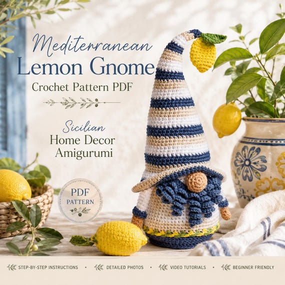 Crochet patterns Sicilian gnome in the Mediterranean Style, Stylish Gnome, gnome amigurumi pattern, crochet gift gnome