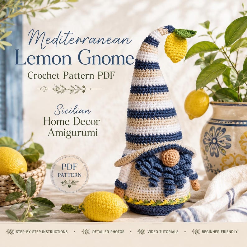 May include: A crocheted lemon gnome with a striped hat and a lemon accent. The gnome has a blue beard and is part of a Sicilian home decor amigurumi pattern. The image includes text that says "Mediterranean Lemon Gnome Crochet Pattern PDF".