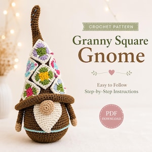 Mormors fyrkantiga tomtevirkmönster, Amigurumi dörrstopp PDF, Cottagecore heminredningshandledning, lapptäcke för jultomtegåva