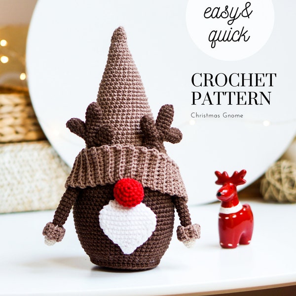 Crochet patterns Rudolph Red Nose Reindeer Gnome, Christmas Gnome, gnome amigurumi pattern, crochet holiday gnome