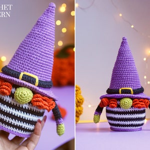May include: Crochet pattern for a witch gnome with a purple hat, black and white striped body, orange and green beard, and a black belt. The gnome is sitting on a purple surface.