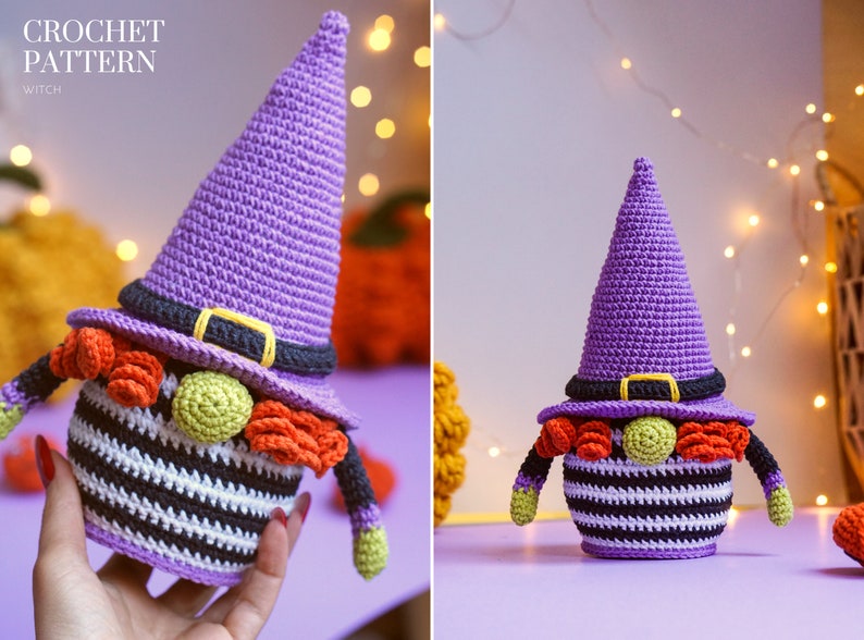 May include: Crochet pattern for a witch gnome with a purple hat, black and white striped body, orange and green beard, and a black belt. The gnome is sitting on a purple surface.