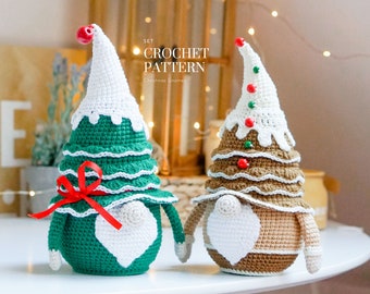 May include: Set of two crochet Christmas gnome patterns. One gnome is a green Christmas tree with a red bow and white heart. The other gnome is a brown gingerbread tree with white icing and red and green decorations. The text "SET CROCHET PATTERN Christmas Gnomes" is displayed above the gnomes.
