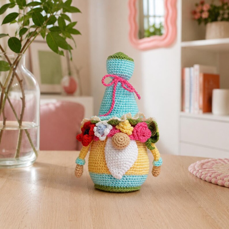 May include: A handmade crochet gnome doll with a blue hat tied with a pink bow. The gnome has a yellow body, a white beard, and is adorned with colorful flowers. The doll is sitting on a wooden table.