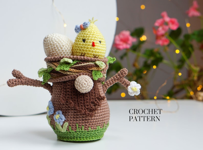 Crochet patterns Garden Gnome, Tree Gnome, crochet Chick pattern, Crochet Eggs, gnome amigurumi pattern, Easter Gnome, Spring gnome image 1