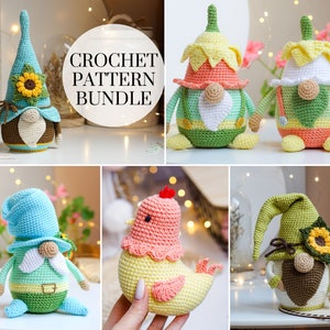 May include: A crochet pattern bundle featuring five amigurumi designs: a gnome with a sunflower hat, a chick, and three gnomes with different colored hats. The text "CROCHET PATTERN BUNDLE" is displayed in a white circle.