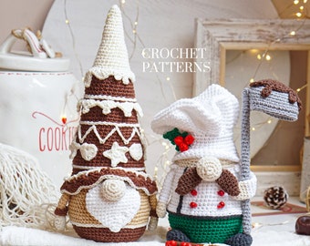 Crochet patterns Christmas Chef Gnome and Gingerbread Cookies, crochet gnome patterns, crochet holiday gnome
