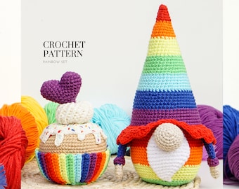 Crochet patterns Rainbow Cupcake and rainbow gnome, crochet cupcakes, crochet food, crochet muffin pattern