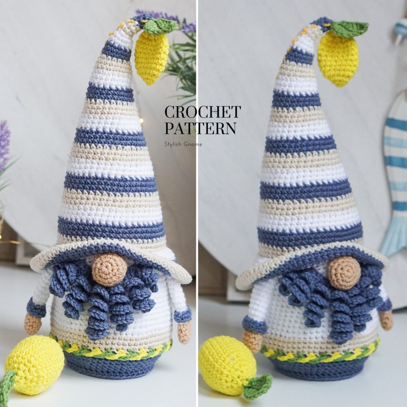 May include: A crochet gnome with a tall, striped hat in white, blue, and beige. The gnome has a beige beard, blue scarf, and a yellow lemon on its hat. The text "CROCHET PATTERN" is visible.