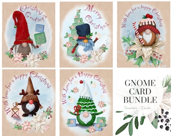 Bundle Printable Hand Painted Gnome Cards/ Christmas Watercolor/Printable Christmas tree Card/Christmas gnome jpg/Christmas gnome