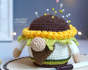 Crochet patterns Flower Pin Cushion Gnomes, Floral Gnome, Sunflower Gnome, crochet gift gnome