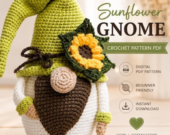 Sunflower Gnome Crochet Pattern PDF | Cozy Cottagecore Amigurumi Gnome | Farmhouse Fall Crochet Decor