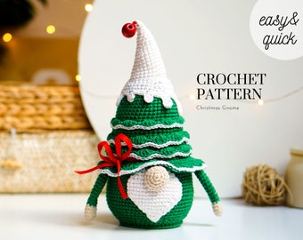 May include: Crochet pattern for a Christmas gnome, featuring a green tree-shaped body with white trim, a white hat with a red berry, and a red bow. The pattern is described as easy and quick.