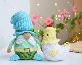 Set Crochet patterns Garden gnome and his Hen, Crochet garden gnome, gnome amigurumi pattern, crochet hen, crochet gnome