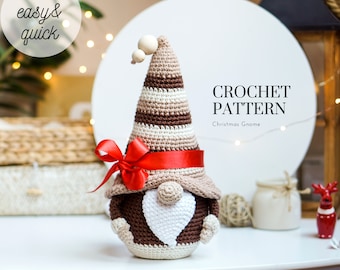 Crochet patterns Christmas Gnone with stripes, gnome amigurumi pattern, crochet holiday gnome