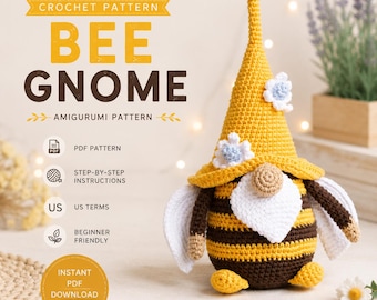 Crochet Bee Gnome Pattern PDF | Whimsical Bumblebee Amigurumi | Spring Cottagecore Decor | Cute Handmade Gift