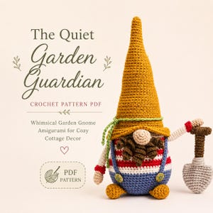 Den tysta trädgårdsvaktarens virkmönster i PDF-format – Nyckfull trädgårdstomte-amigurumi för mysig stuginredning