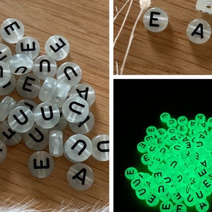 Letter beads | round | glow in the dark | Transparent with black writing | DIY bracelet, necklace and jewelry