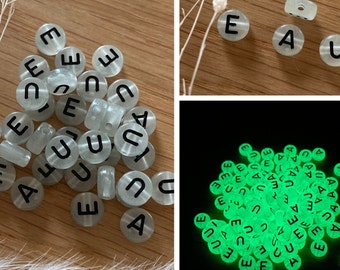 Letter beads | round | glow in the dark | Transparent with black writing | DIY bracelet, necklace and jewelry