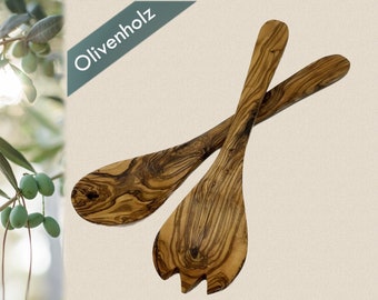 Salatbesteck Olivenholz Set aus Löffel und Gabel 30 cm Holz Geschenk Einweihung, Geburtstag, Weihnachten, Einzug