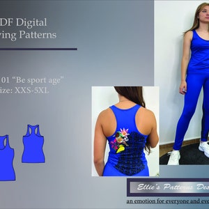 May include: A digital sewing pattern for a blue tank top with a colourful bird design on the back. The pattern is available in sizes XXS-5XL. The text "TOP 01 "Be sport age" size: XXS-5XL" is displayed on the image.