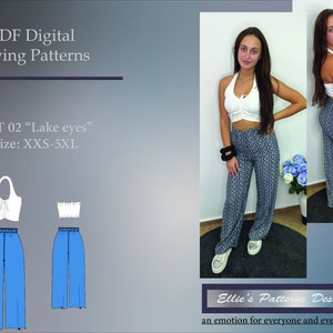 Puede incluir: Un patrón de costura digital para un top blanco de halter y pantalones azules de pierna ancha. El patrón se llama "Lake eyes" y está disponible en tallas XXS-5XL. El patrón se muestra en una modelo que lleva la prenda terminada.