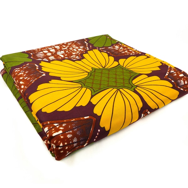 Impression fantaisie | Tissu africain | Fleurs vertes jaunes brunes | Impression de cire Java