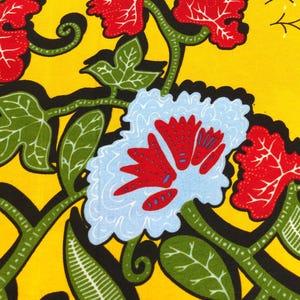 May include: A vibrant yellow fabric featuring a repeating botanical pattern of red flowers with white veins, light blue blossoms with red centers, and green leaves with white line details, all outlined in bold black to create a graphic effect.