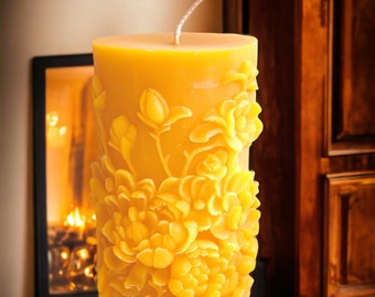 Beeswax Candle | Floral Beeswax Pillar Candle | Flower Candle | 100% Pure Beeswax Candle | Gift For Her | Gift For Mom | Unique Gift