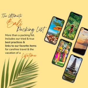 May include: A collage of images showcasing the beauty of Bali, including a beach sunset, a traditional Balinese dancer, a temple, and a lush jungle scene. The text "The Ultimate Bali Packing List" is featured on the image.