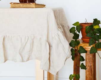 Rectangle square linen ruffle tablecloth | natural stonewashed linen | custom size linen fabric ruffled table cloth