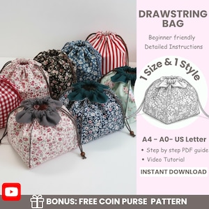 Drawstring Bucket Bag Sewing Pattern | Drawstring Pouch PDF & Tutorial |  Beginner Friendly Sewing Template | DIY Round Drawstring Bag