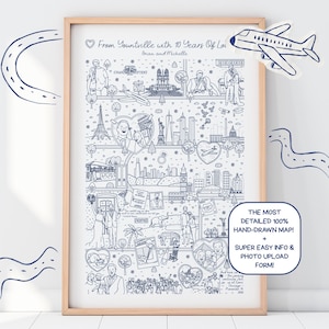 May include: A framed vertical poster featuring a detailed blue line-art illustration of a map with the text From Yountville with 10 Years Of Love, Brian and Michelle. The artwork includes various landmarks, couples, and travel motifs.