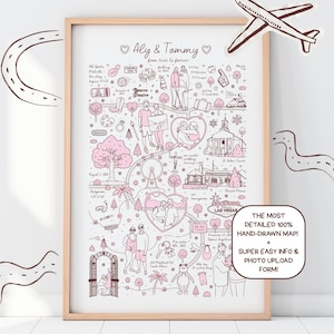 May include: A framed, hand-drawn map with a light wood frame. The map features pink and brown illustrations of locations and events, including a church, Ferris wheel, and text that reads "Aly & Tommy from here to forever."